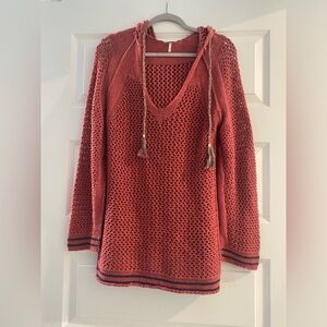Free People Women’s Red V-Neck Sweater with Hood - Small